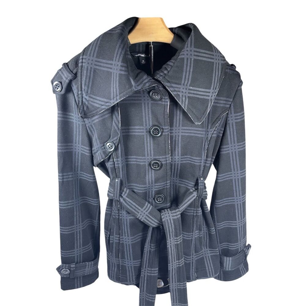 MM Essentials Women's Plaid Trench Coat Black Size M Long‎ Sleeve